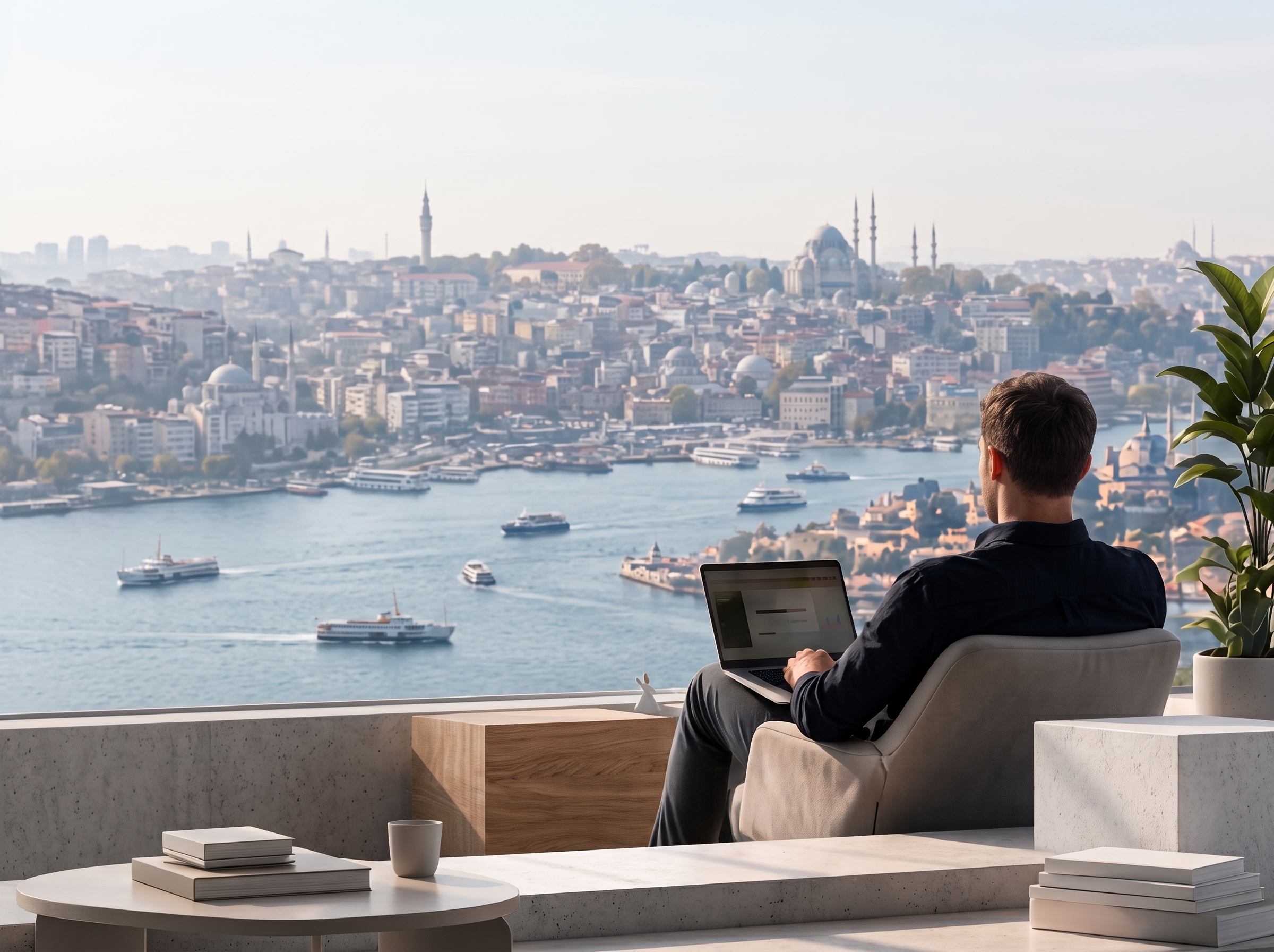 İstanbul Boğazı manzaralı bir terasta, dizüstü bilgisayarıyla çalışan biri